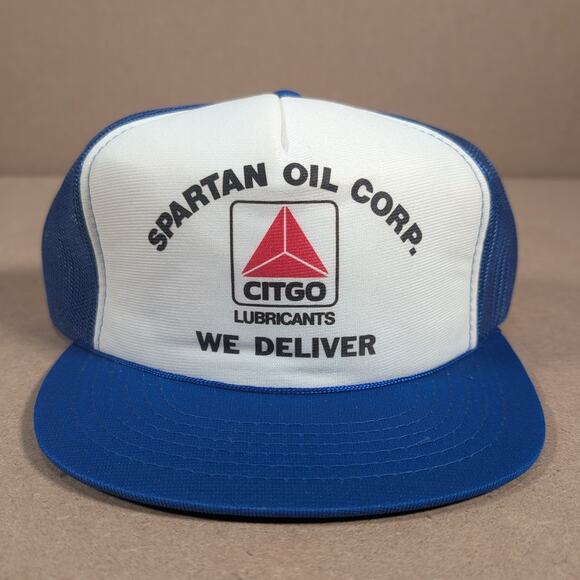 Vintage 80s Citgo Spartan Oil Trucker Hat Mesh Snapback Yougan Blue Made Korea - Picture 2 of 7